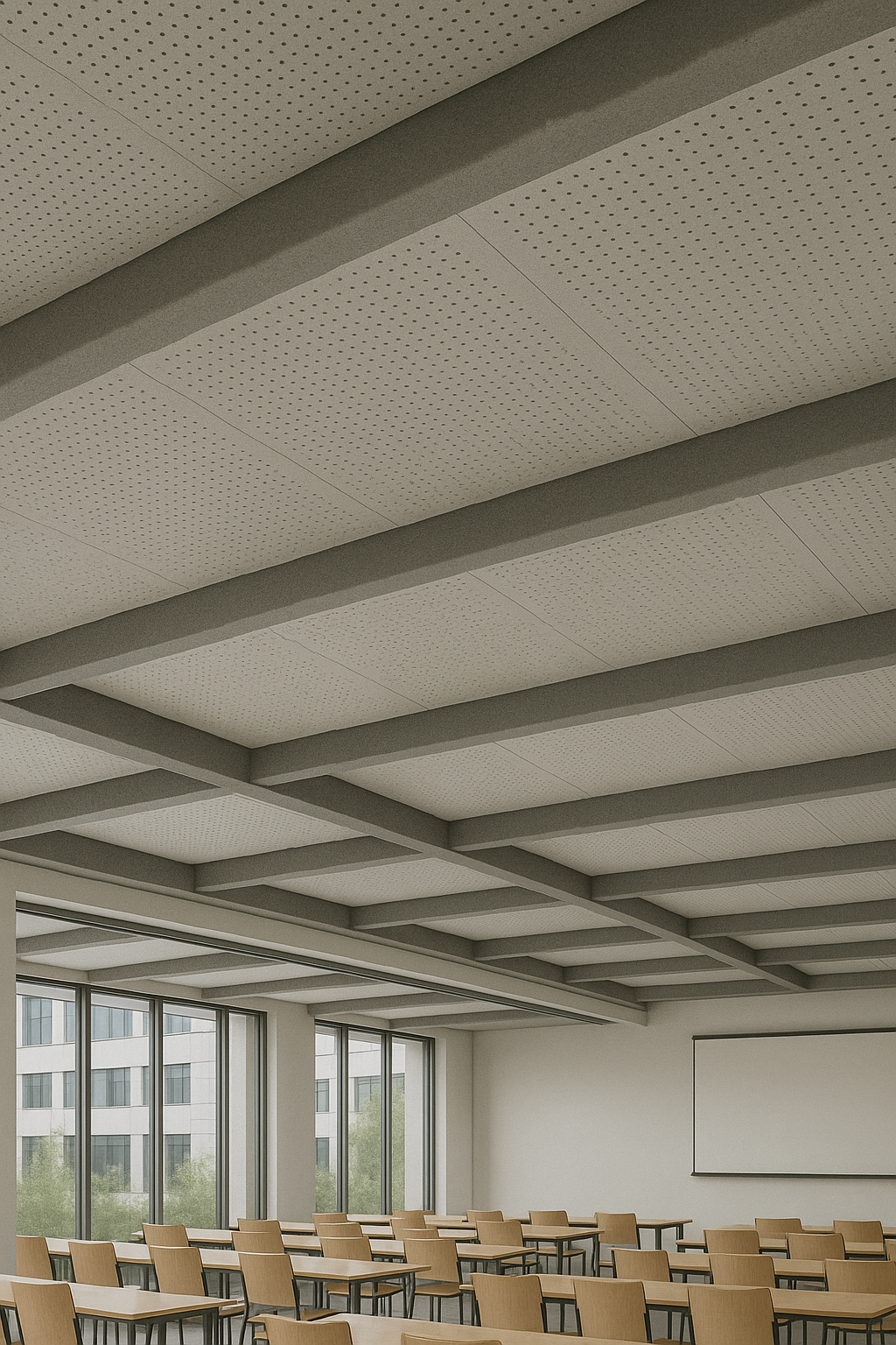 Perforated Wooden Acoustic Ceiling Panels – Decorative Sound-Absorbing Tiles for Exposed Beam Ceilings
