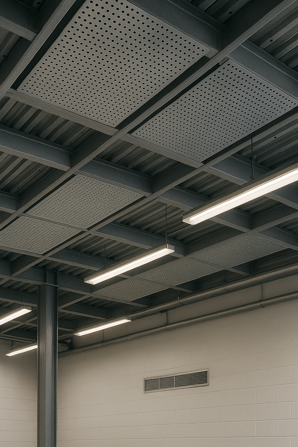 Perforated Wooden Acoustic Ceiling Panels – Decorative Sound-Absorbing Tiles for Exposed Beam Ceilings