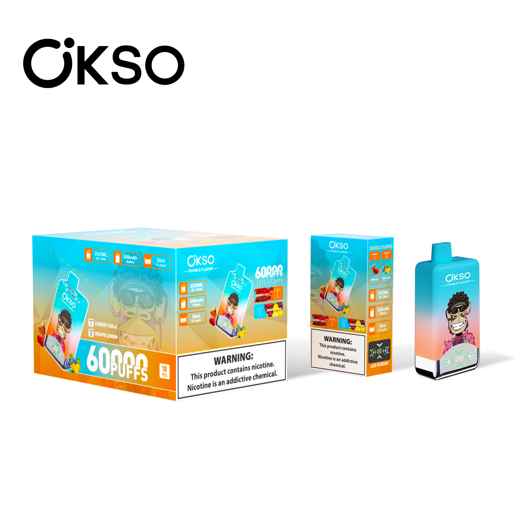 OKSO Double Flavor 60000 Puffs Vape – Watermelon Ice & Peach Mango | 50ml | LED Display