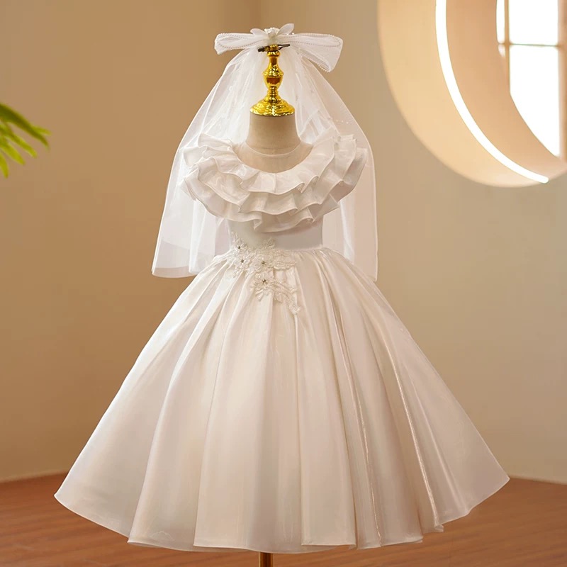 Ivory Lace Tulle Flower Girl Dress with Bow Sash