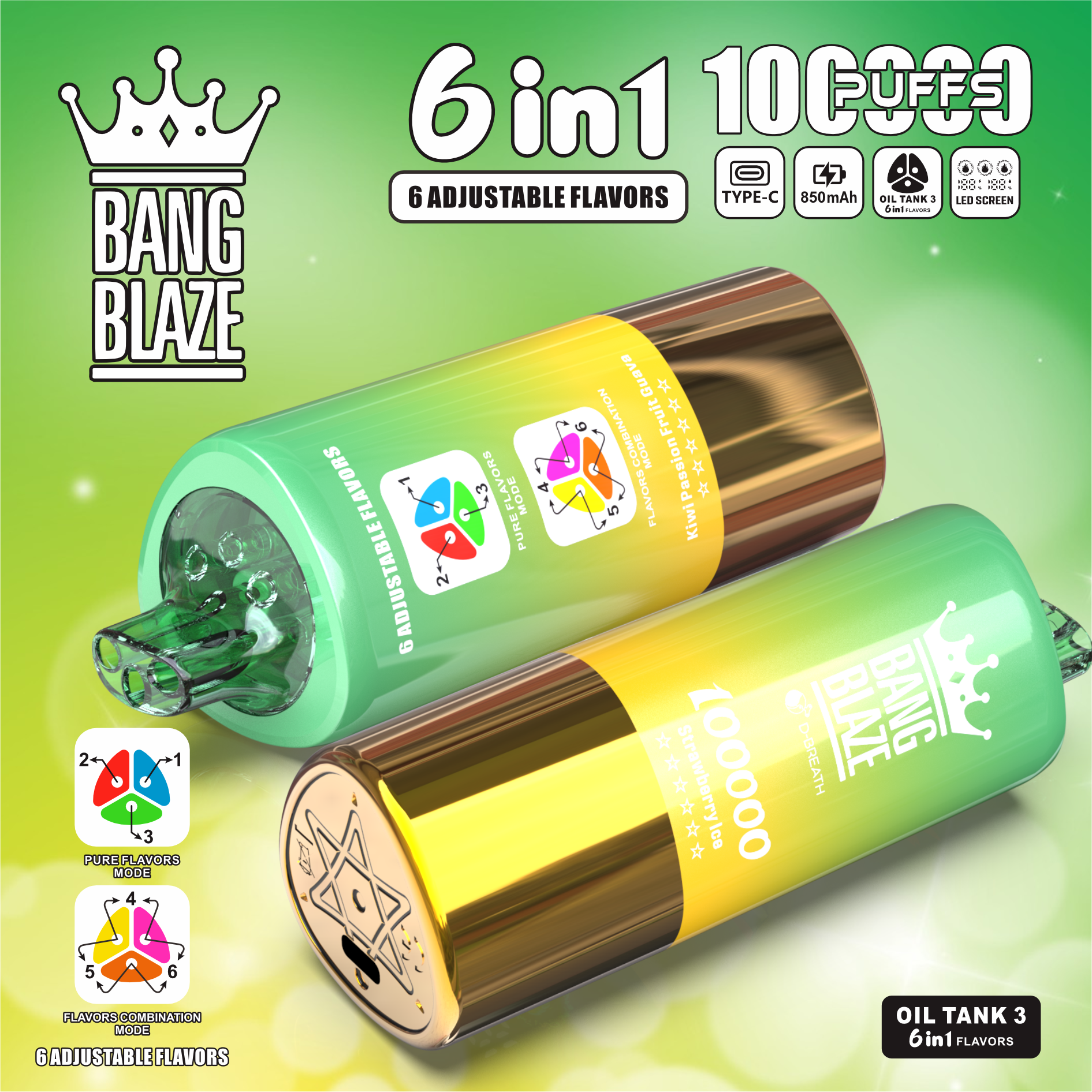 BANG BLAZE 6in1 100000 Puffs Disposable Vape – Adjustable 6 Flavors, 650mAh Rechargeable