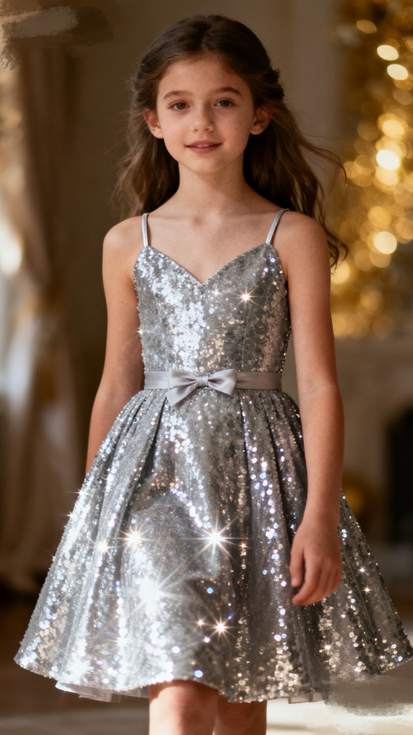 Girls' Silver Sequin Gown with Statement Ruffles