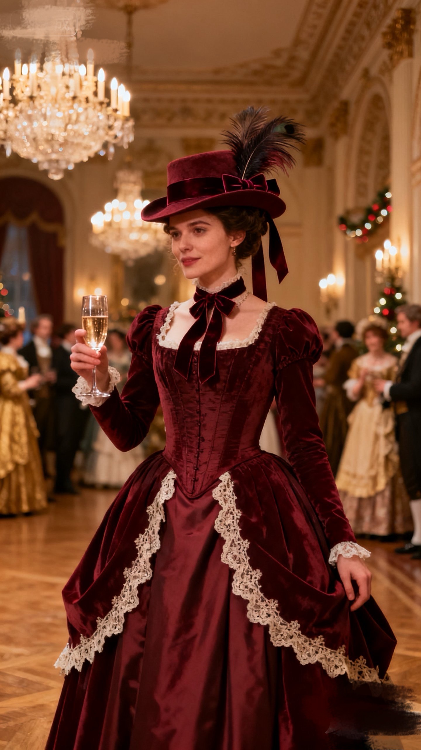 Victorian Burgundy Christmas Ball Gown with Hat
