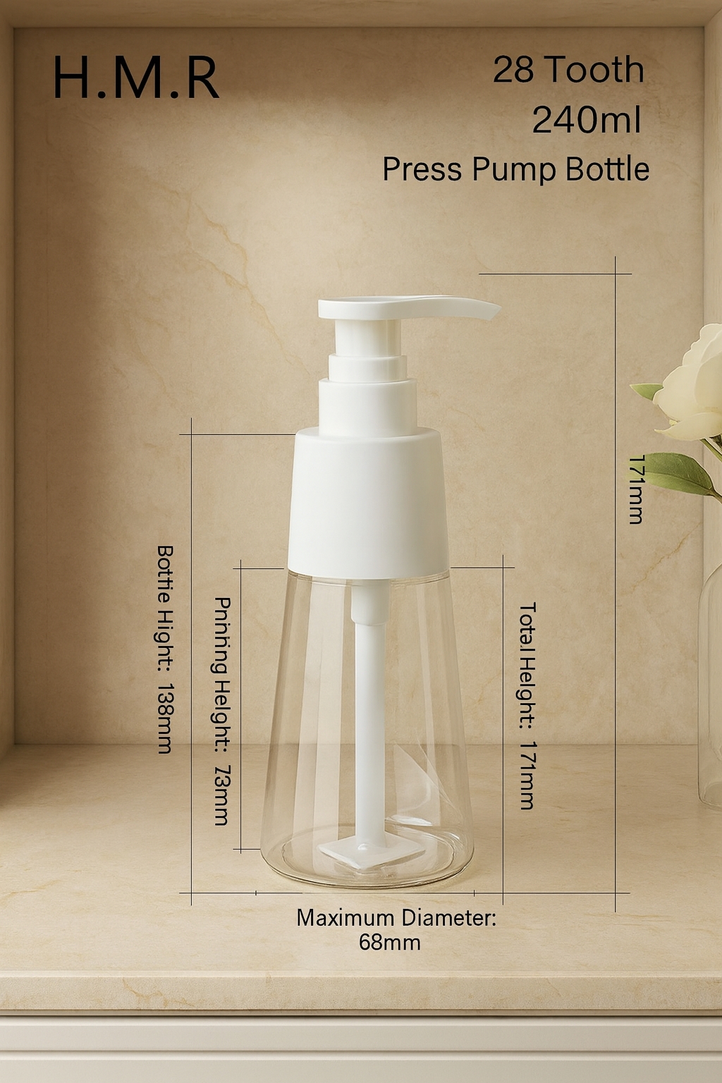 150ml240ml350ml White Conical Lotion Pump Bottle – Refillable Plastic Dispenser for Soap, Shampoo, and Skincare