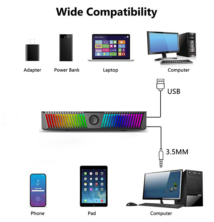 RGB Gaming Soundbar USB Wired Stereo Speaker with Volume Knob for PC & Laptop