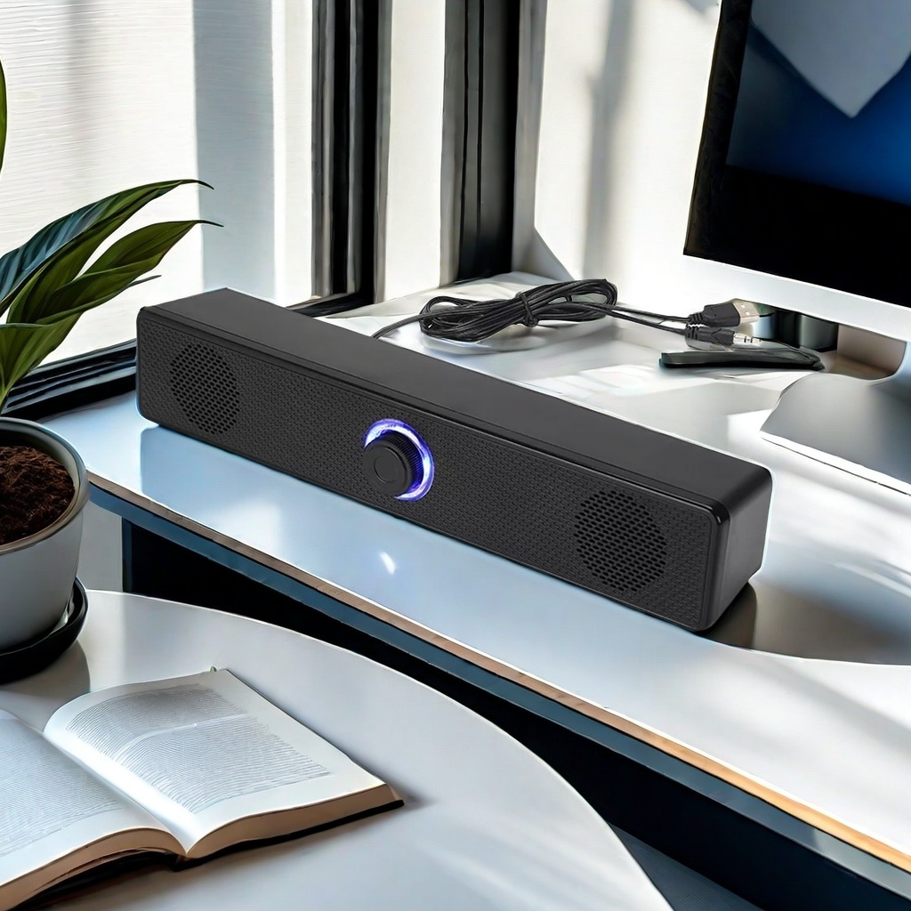 USB Wired Computer Mini Soundbar with Blue LED Knob for Desktop & Laptop