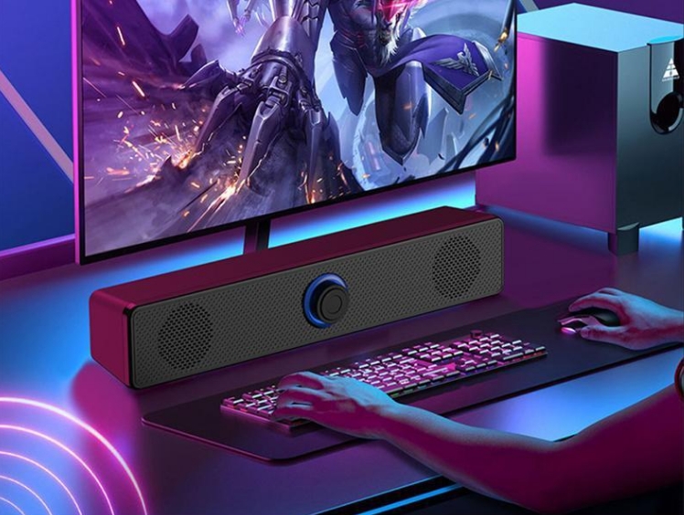 USB Wired Computer Mini Soundbar with Blue LED Knob for Desktop & Laptop