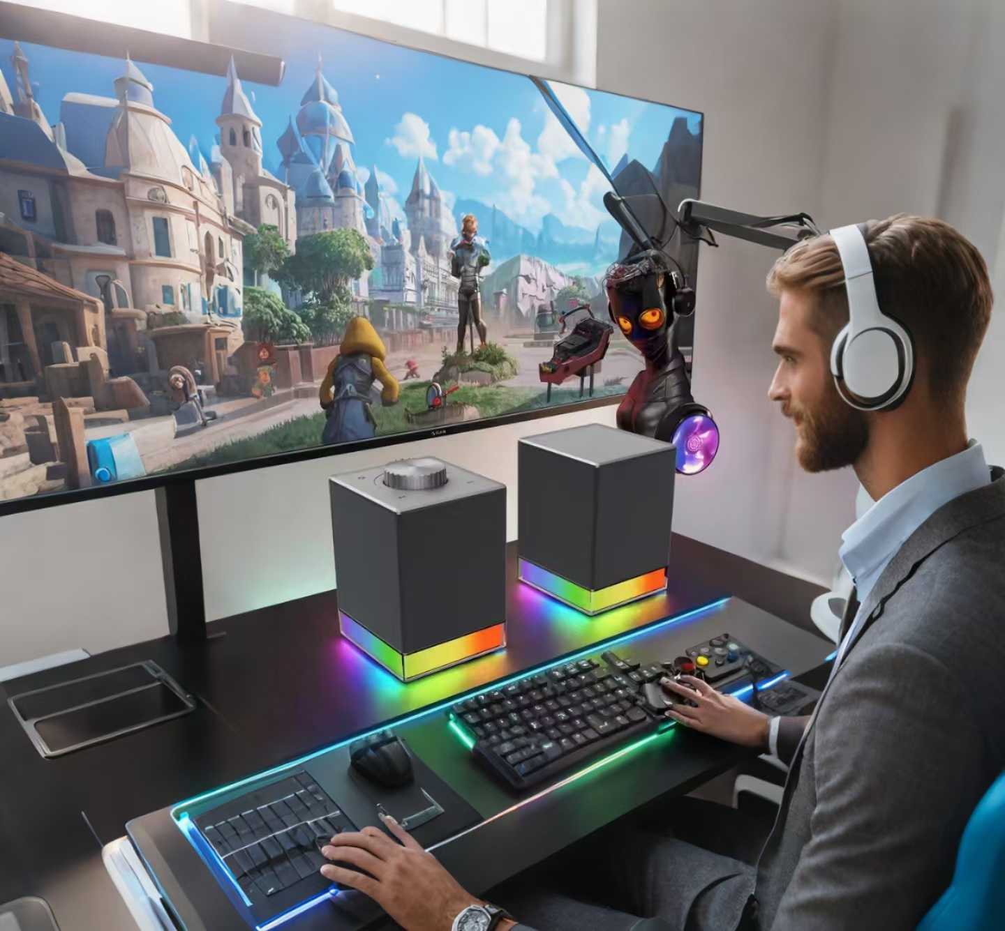 Customized Super Nice HiFi Heavy Bass Stereo Sound Quality 2.0 Desktop USB RGB Lighting  Speaker for Promotion Gifts