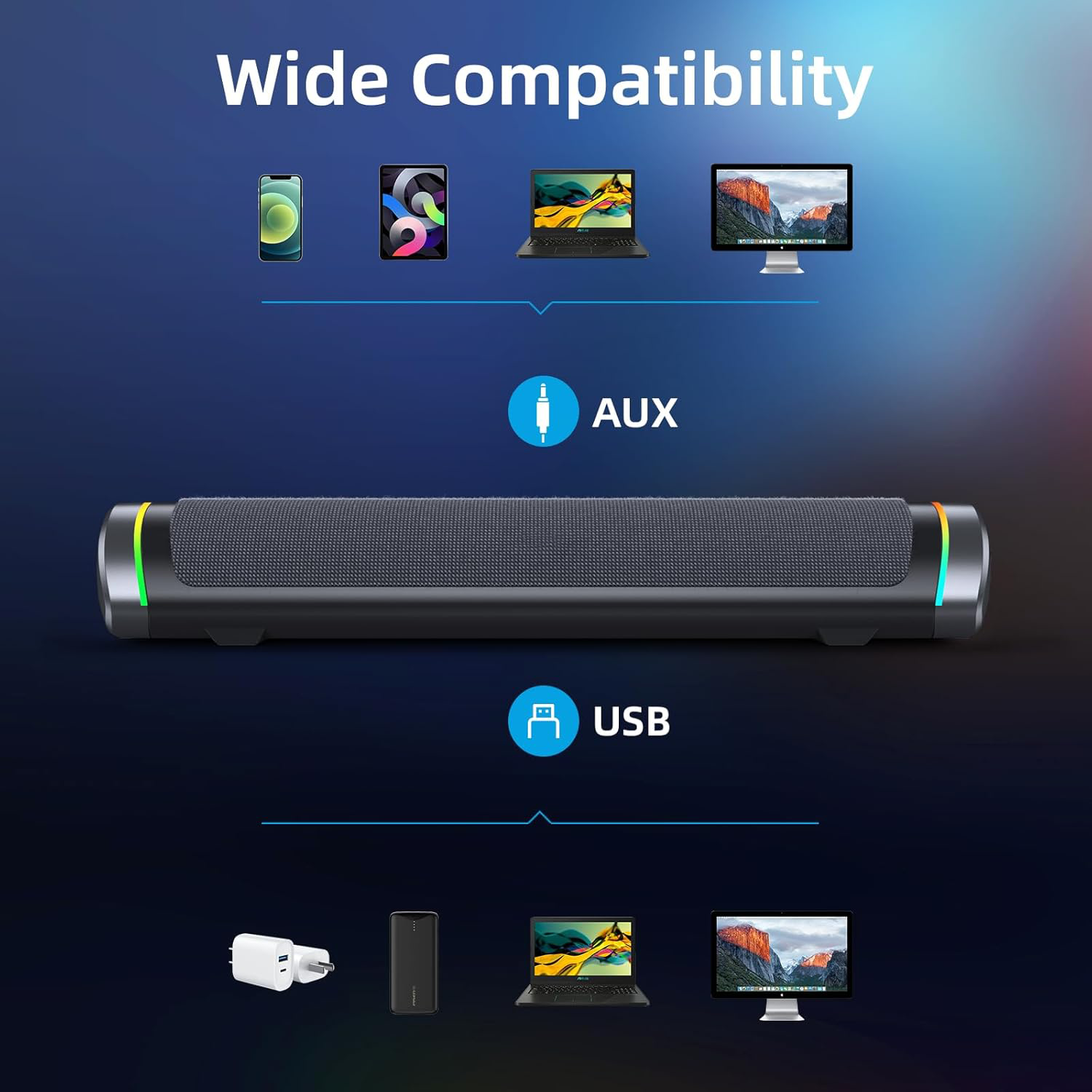 Cool New Gadgets Modern Design Soundbar with LED Fabric Wireless Wide Compatbility Compact Pc Gaming Barre De Son Pour Tv