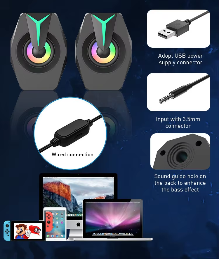 USB Wired Computer Speakers with RGB Lights 2.0 Stereo Gaming Audio 6W RMS and Game Sound Effects for Desktop/Laptop