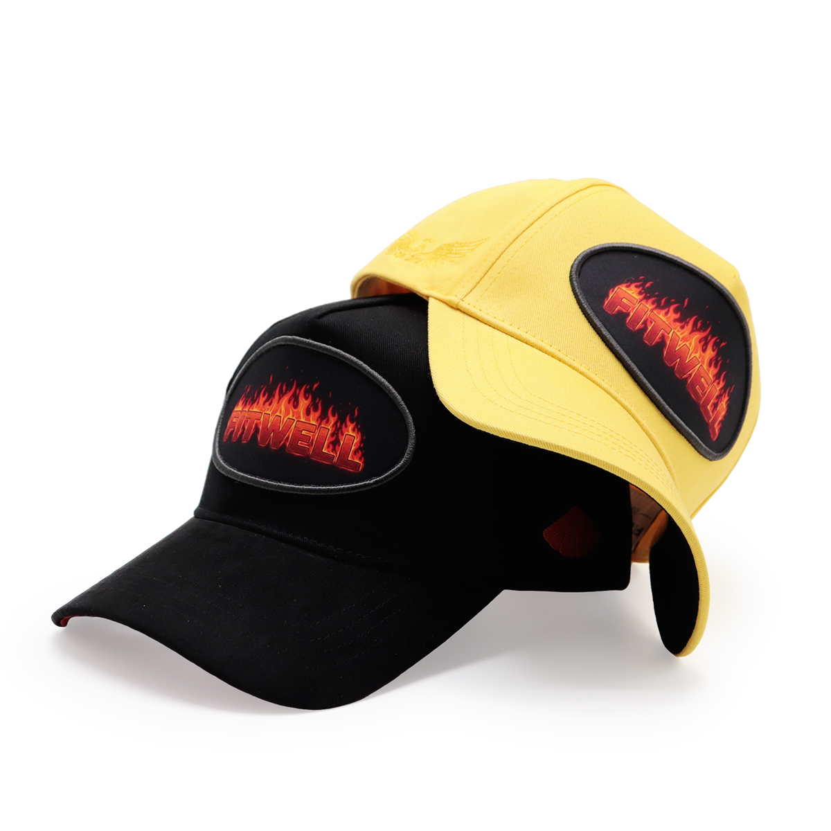 FITWELL Flame Embroidered Baseball Cap, 6-Panel Snapback Hat, Yellow & Black, Unisex Streetwear