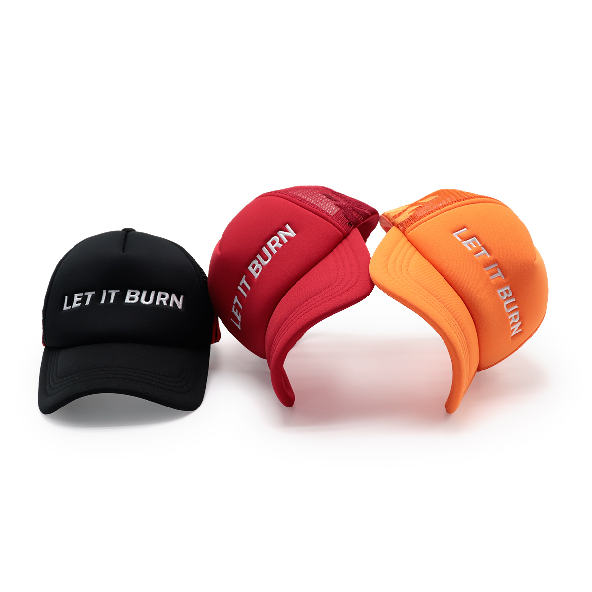 LET IT BURN Embroidered Trucker Hat – Black Flame Mesh Cap & Red Snapback Cap, Statement Baseball Hat, Unisex Adjustable