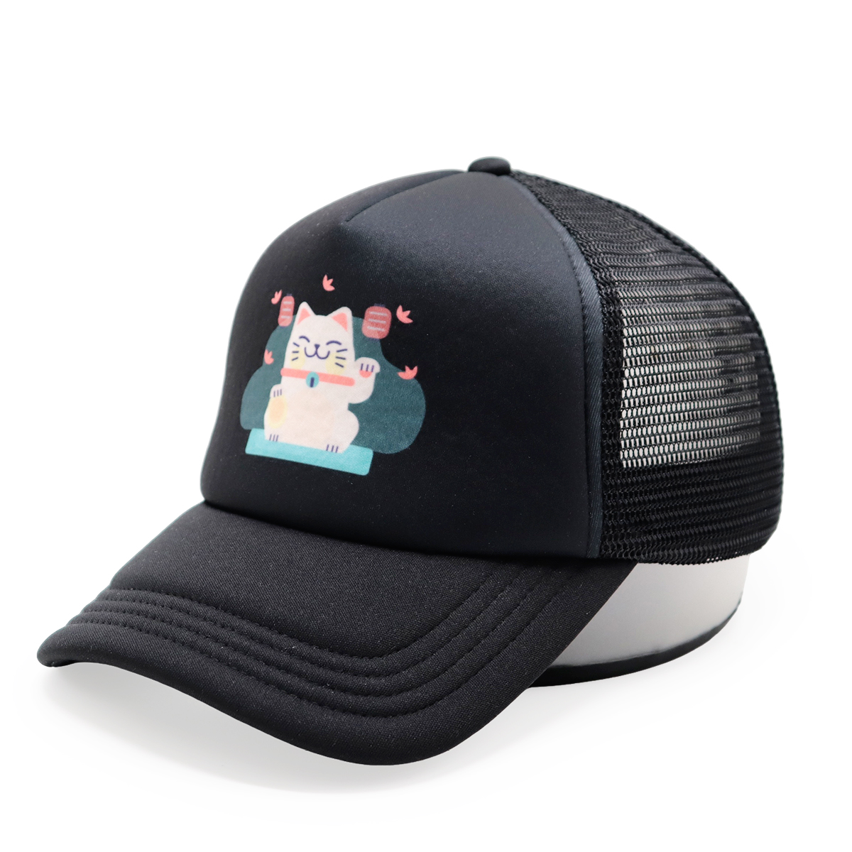 Cute Lucky Cat Print Mesh Trucker Cap – Colorful Cartoon Snapback Hat