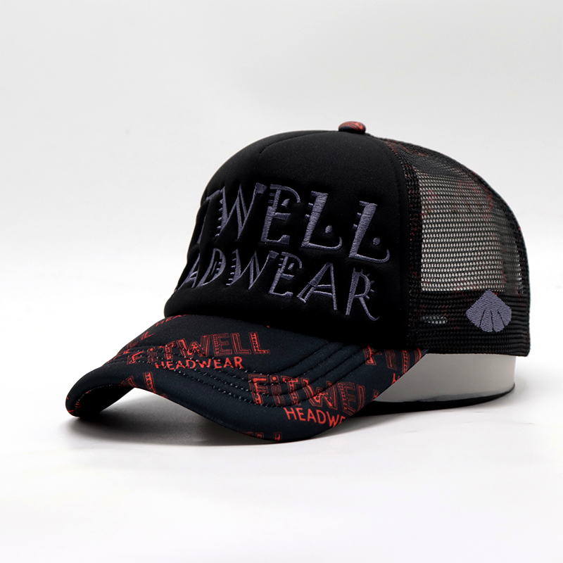 FITWELL All-Over Print & Embroidered Logo Trucker Hat – Bold Mesh Baseball Cap