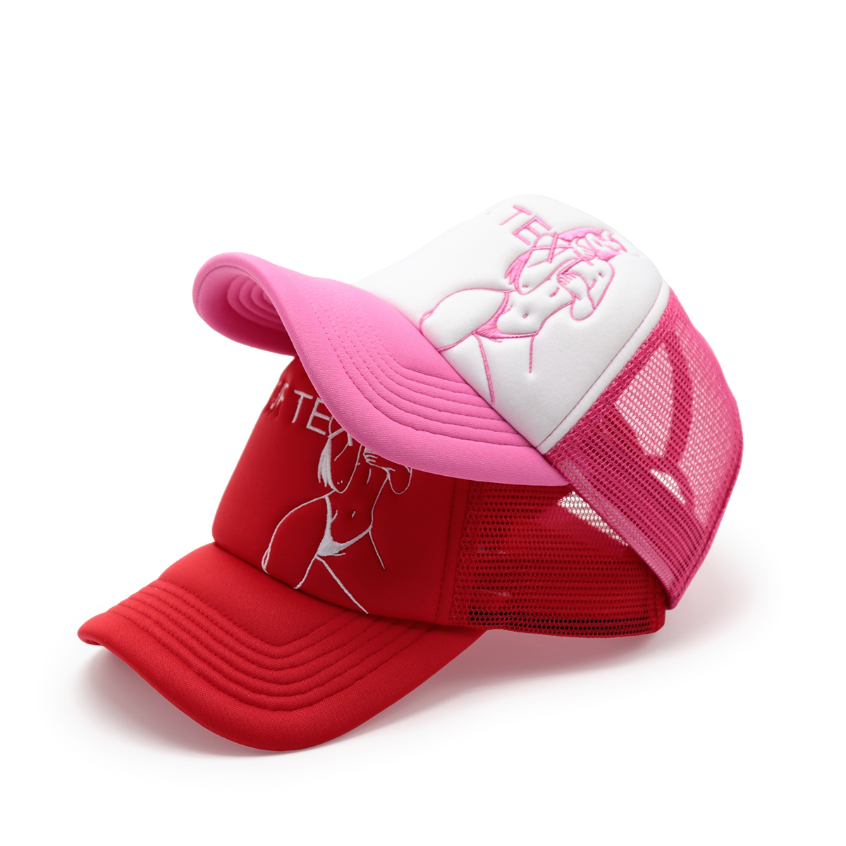 Custom Text Mesh Trucker Hat – Red or Pink/White Embroidered Personalized Baseball Cap
