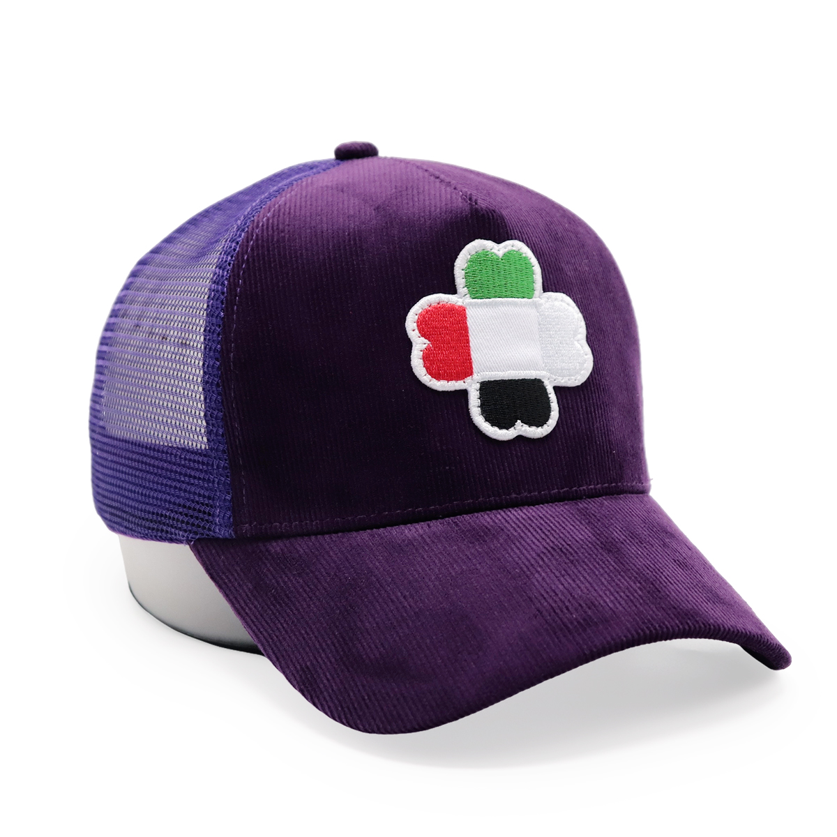 UAE Flag Clover Embroidered Corduroy Mesh Trucker Cap – Four-Leaf Lucky Baseball Hat