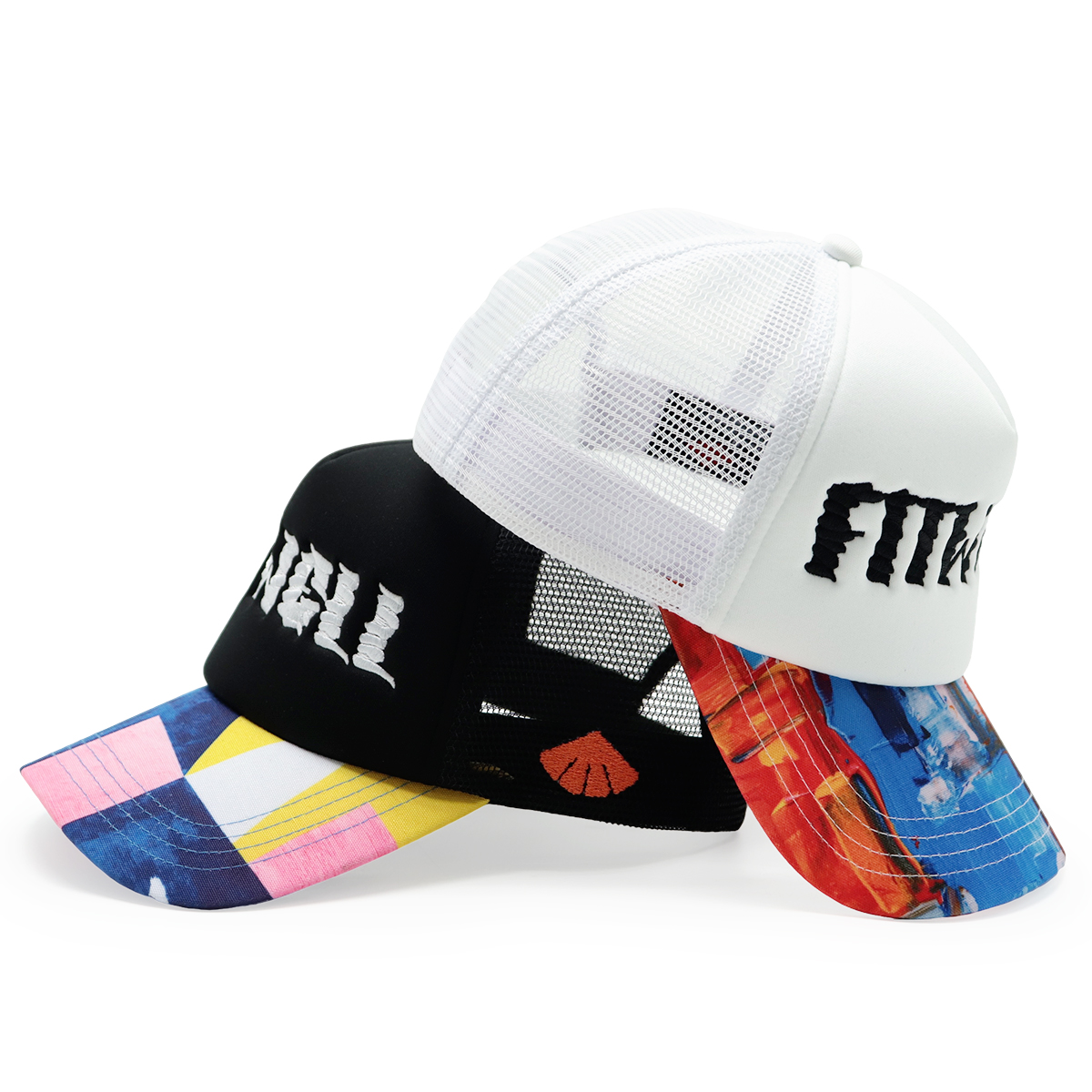 Fitwell Embroidered Logo Trucker Cap, Colorful Printed Brim Foam Mesh Hat, Trendy Snapback