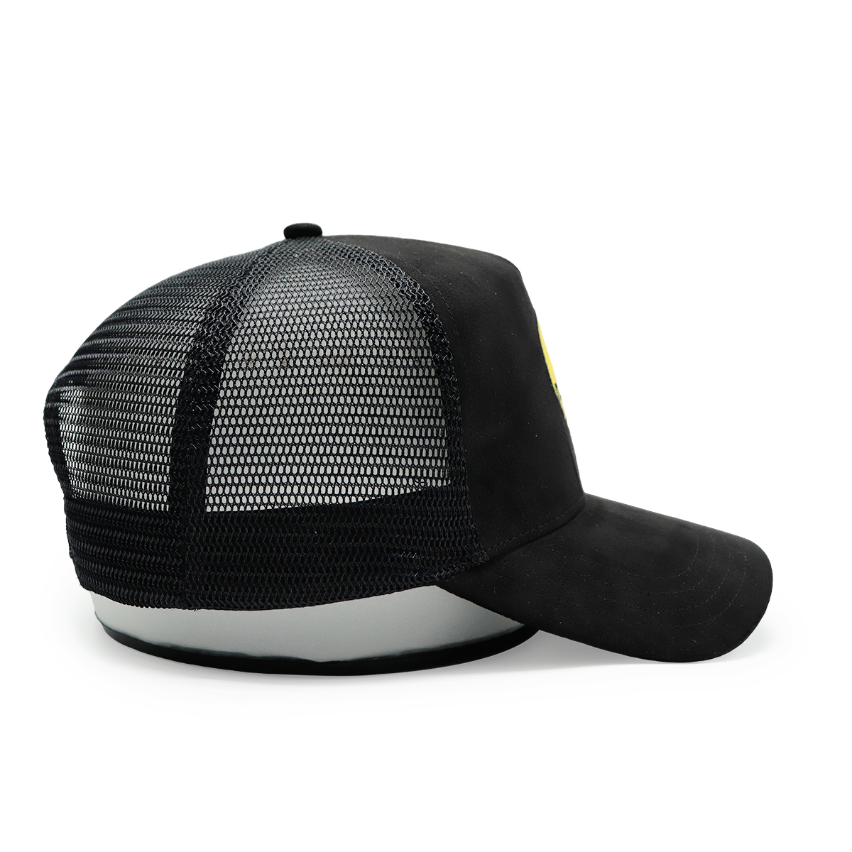 Custom Suede Embroidered Trucker Hats – Mesh Snapback Cap with Smiley Face