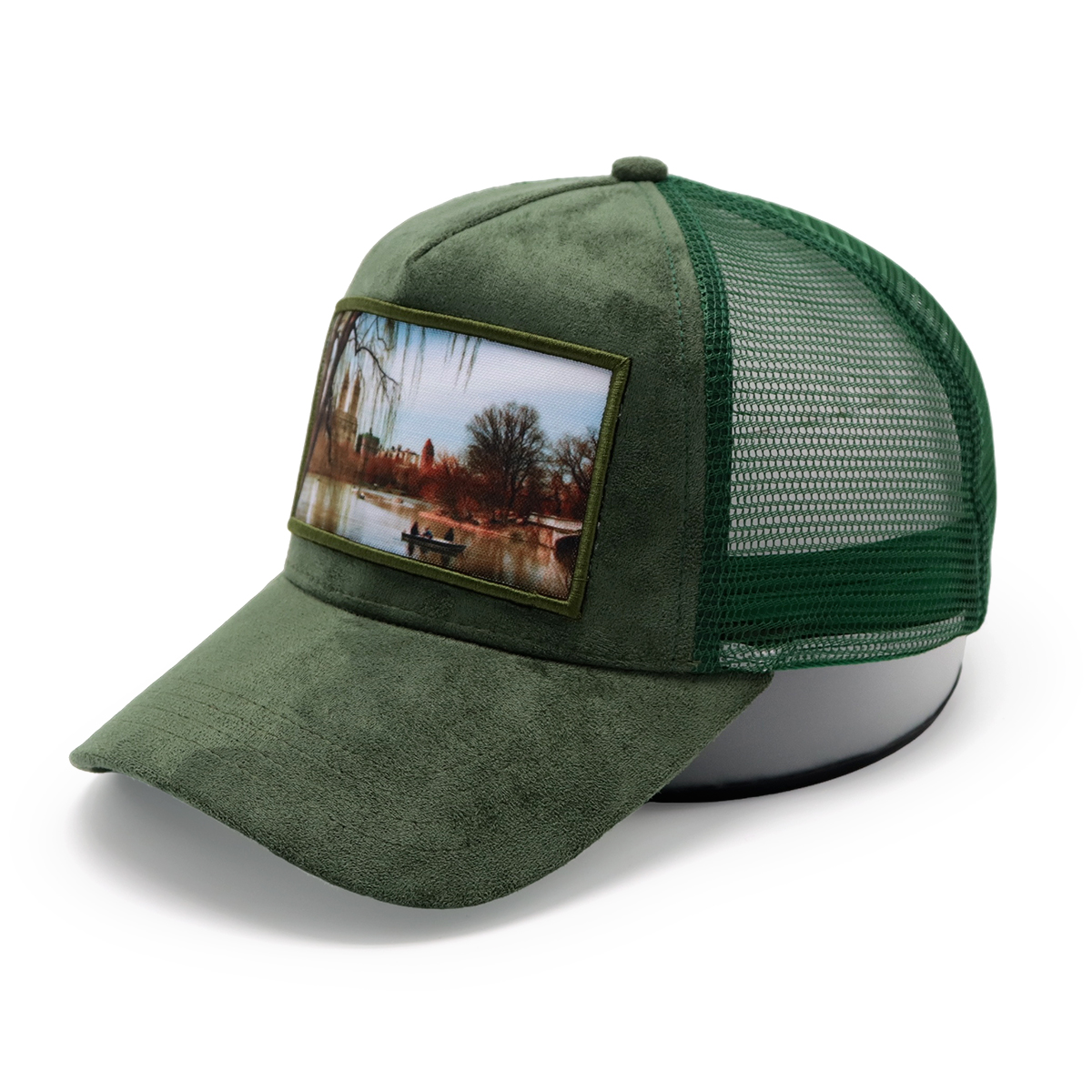 Blue Suede Mesh Trucker Hat – Scenic Patch Baseball Cap, Adjustable Outdoor Cap for Men and Women