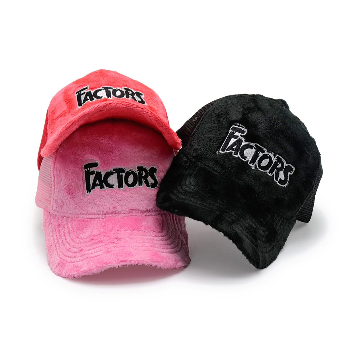 Custom Plush Faux Fur Trucker Hat with “FACTORS” Embroidery, Fluffy Mesh Unisex Streetwear Cap