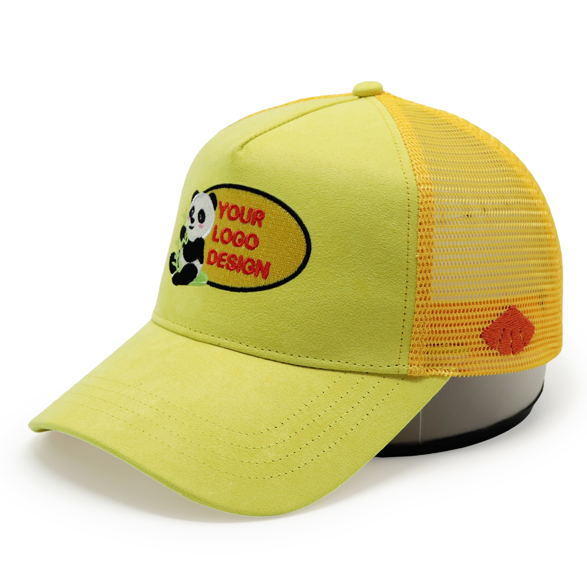 Custom Panda Embroidery Pink Trucker Hat – Suede Front Mesh Cap for Logo Design