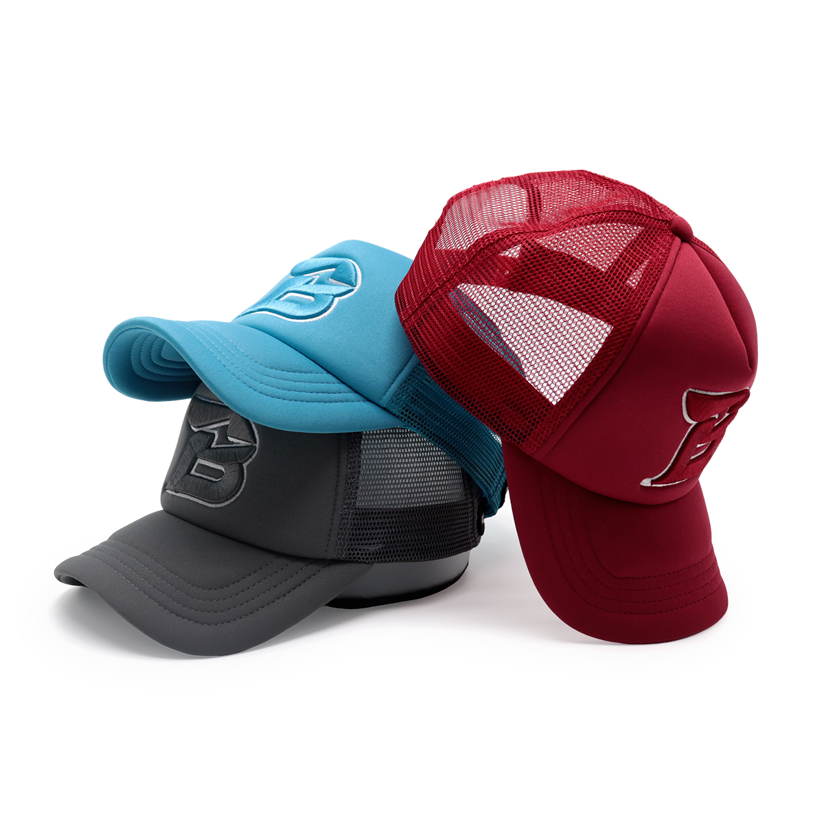 3D Embroidered B Trucker Hat – Light Blue Mesh Snapback Cap, Custom Baseball Hat, Unisex Adjustable
