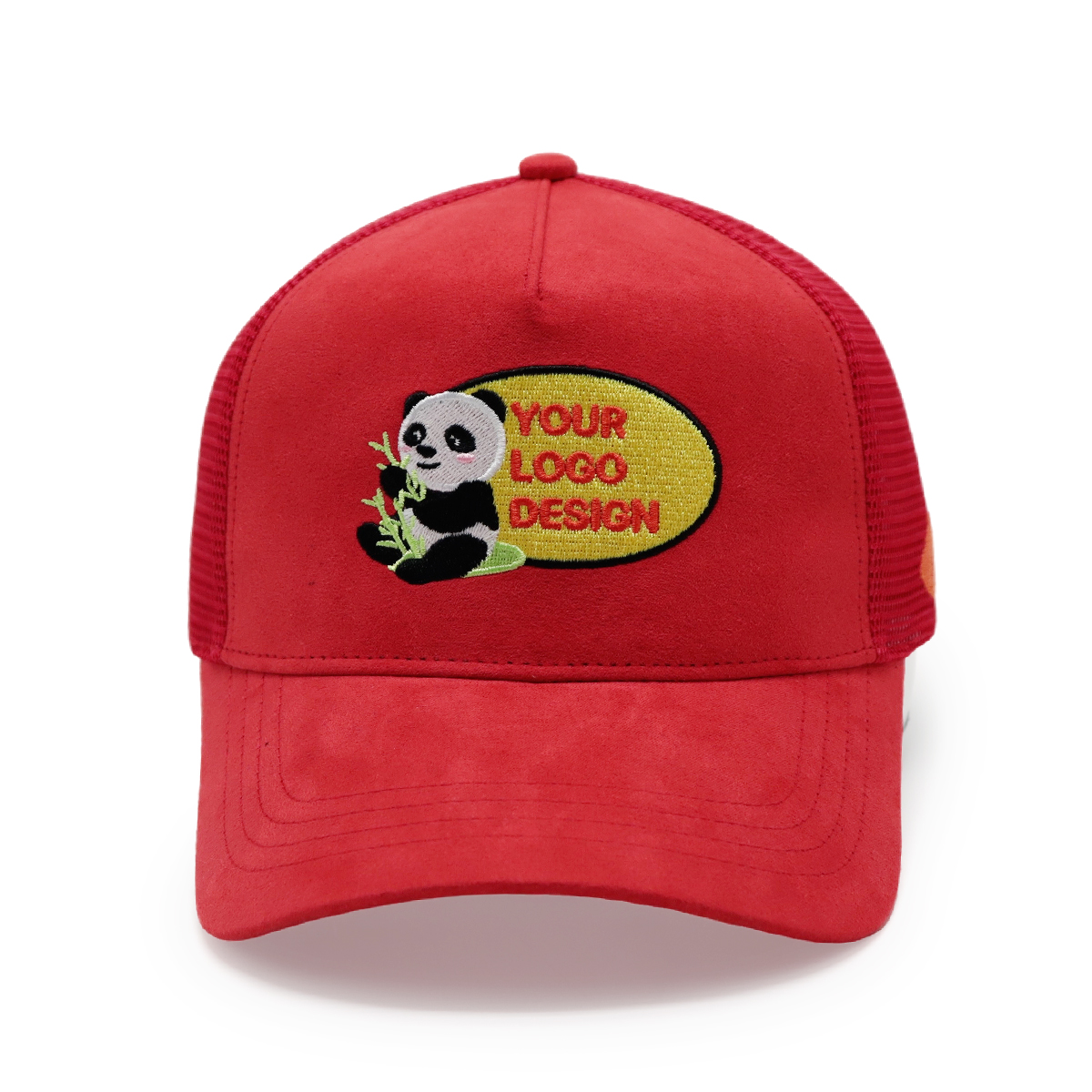 Custom Panda Embroidery Pink Trucker Hat – Suede Front Mesh Cap for Logo Design
