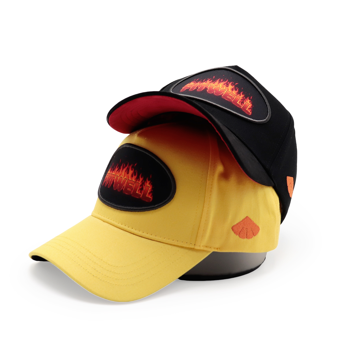 FITWELL Flame Embroidered Baseball Cap, 6-Panel Snapback Hat, Yellow & Black, Unisex Streetwear