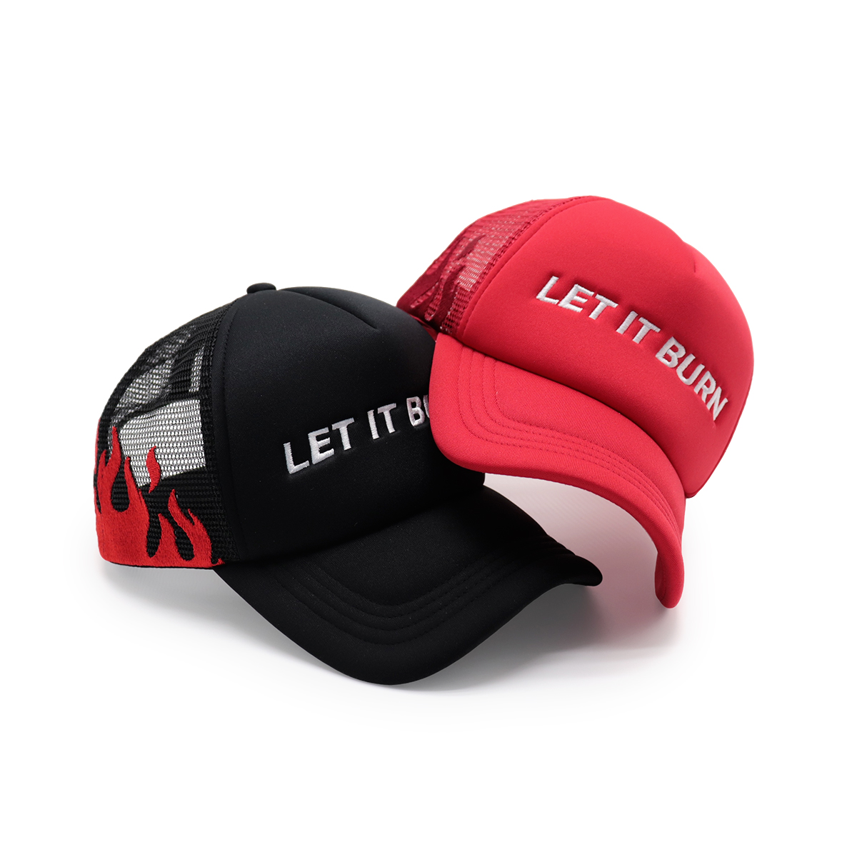 LET IT BURN Embroidered Trucker Hat – Black Flame Mesh Cap & Red Snapback Cap, Statement Baseball Hat, Unisex Adjustable