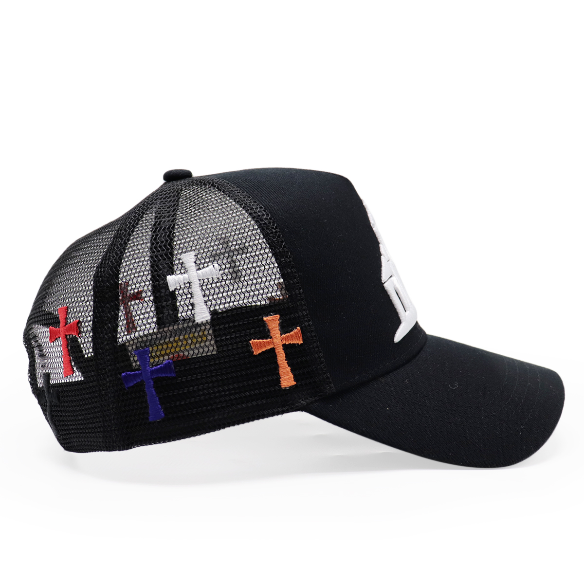 Black Church Embroidery Trucker Hat with Multicolor Crosses