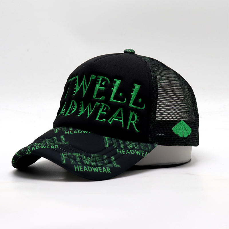 FITWELL All-Over Print & Embroidered Logo Trucker Hat – Bold Mesh Baseball Cap