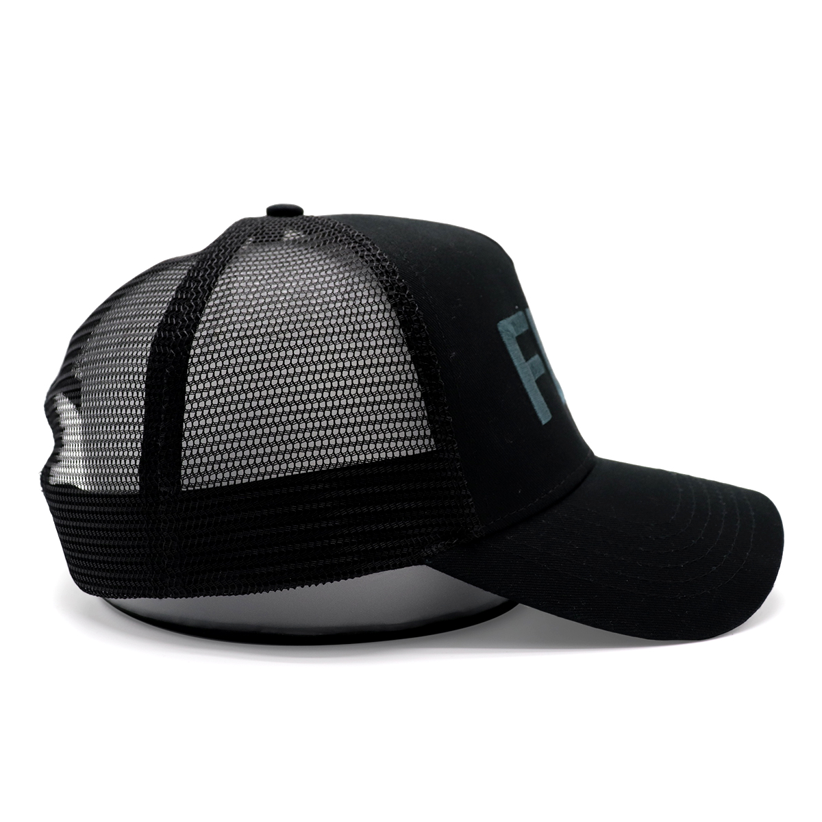 Black Cotton Twill Trucker Cap with 3D Embroidered FLU Logo | Mesh Snapback Hat