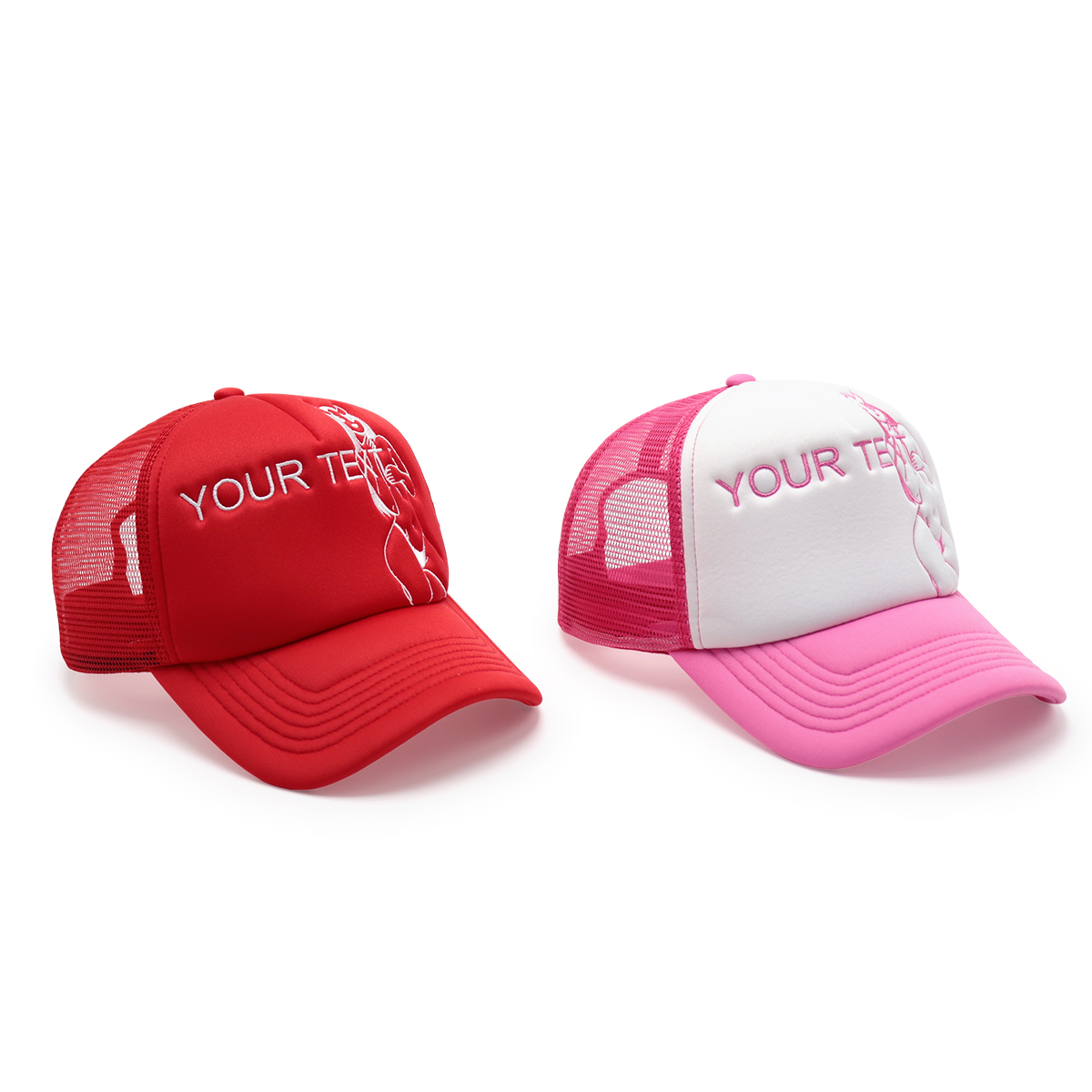 Custom Text Mesh Trucker Hat – Red or Pink/White Embroidered Personalized Baseball Cap