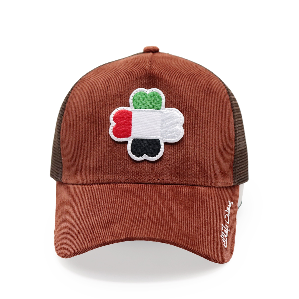 UAE Flag Clover Embroidered Corduroy Mesh Trucker Cap – Four-Leaf Lucky Baseball Hat