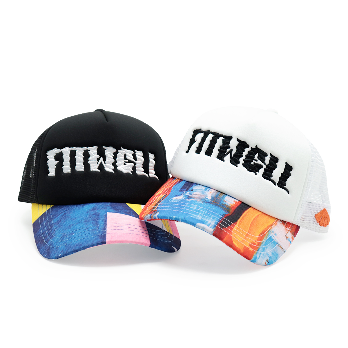 Fitwell Embroidered Logo Trucker Cap, Colorful Printed Brim Foam Mesh Hat, Trendy Snapback