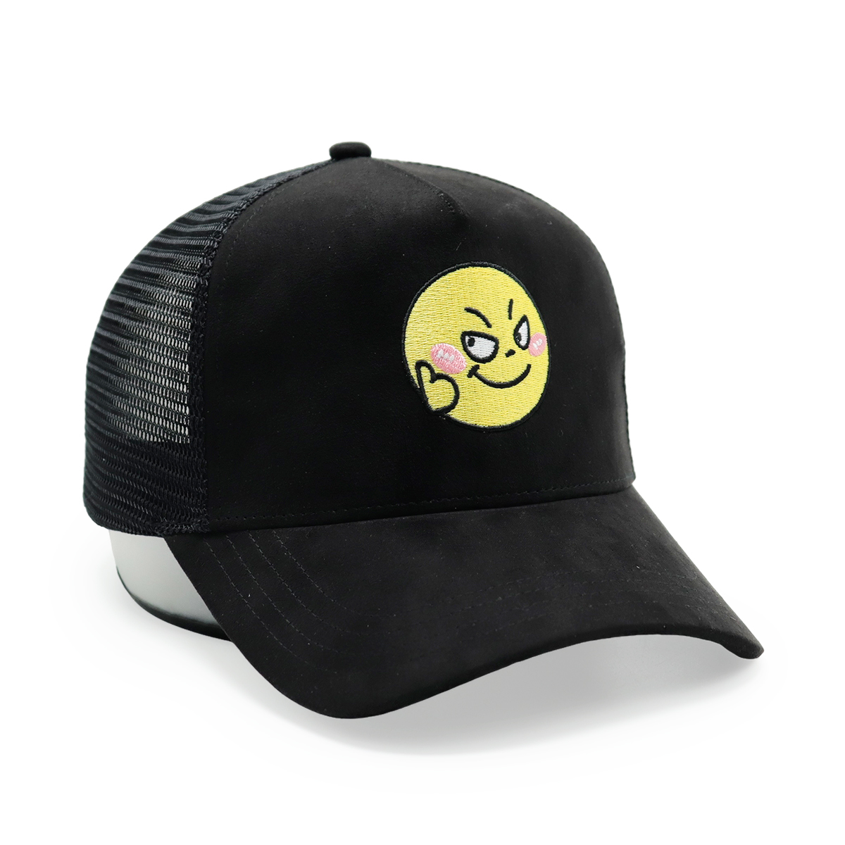 Custom Suede Embroidered Trucker Hats – Mesh Snapback Cap with Smiley Face
