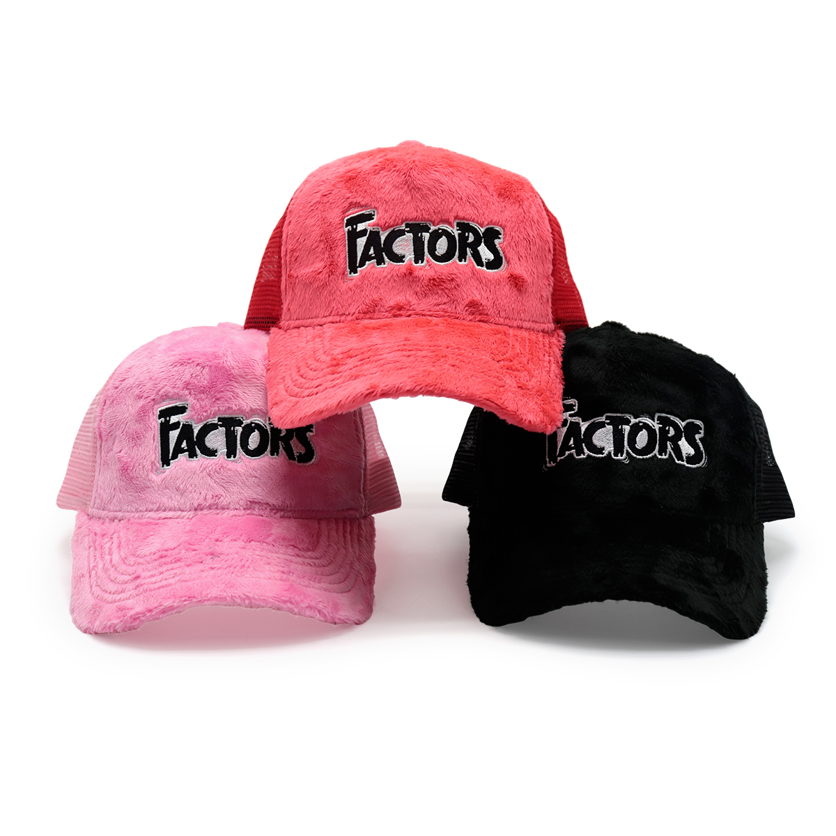 Custom Plush Faux Fur Trucker Hat with “FACTORS” Embroidery, Fluffy Mesh Unisex Streetwear Cap