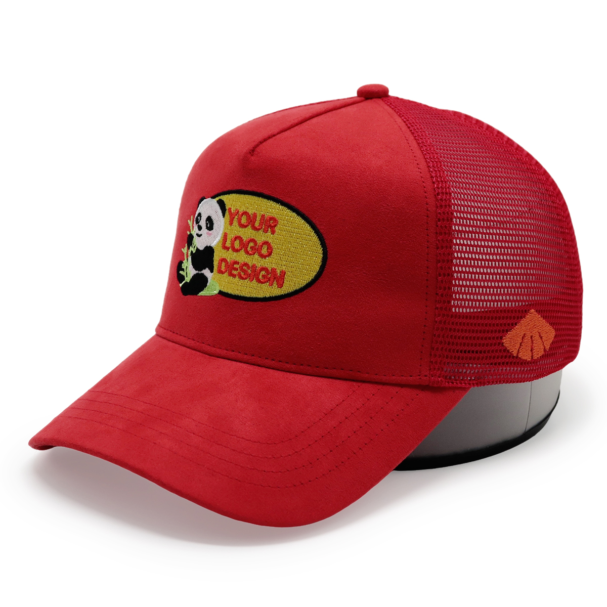 Custom Panda Embroidery Pink Trucker Hat – Suede Front Mesh Cap for Logo Design