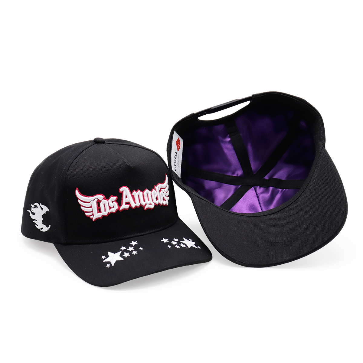3D Embroidery Logo Black Baseball Caps, Flame & Star Pattern, Adjustable Unisex Hip-hop Cap (Los Angeles / Fitwell / A Letter)