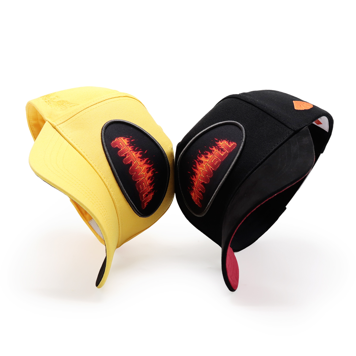 FITWELL Flame Embroidered Baseball Cap, 6-Panel Snapback Hat, Yellow & Black, Unisex Streetwear