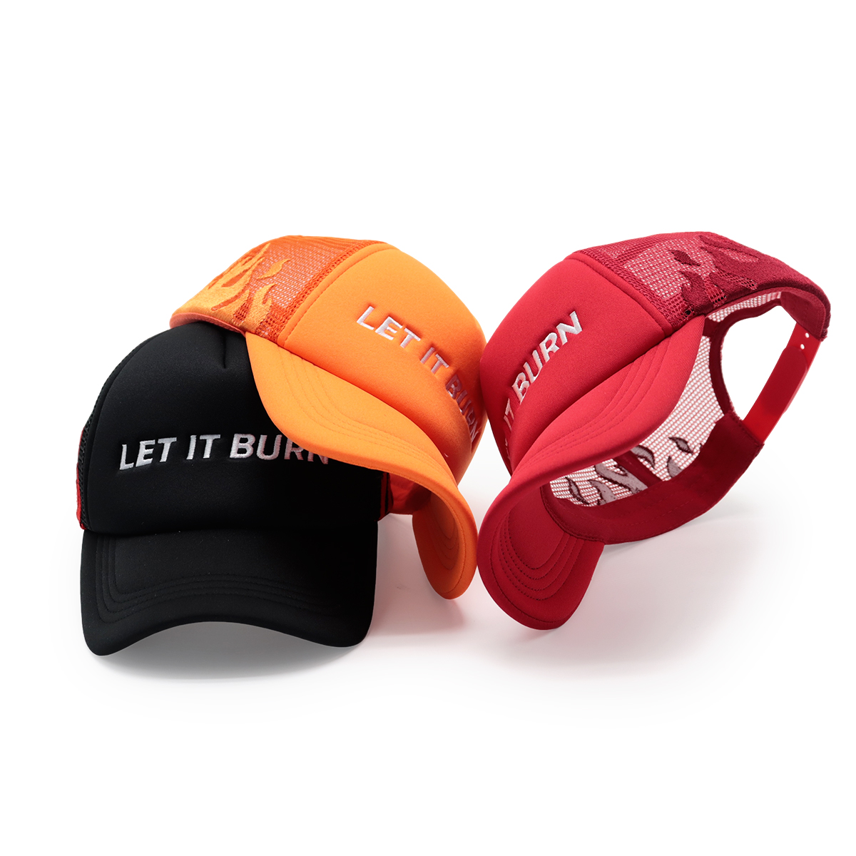 LET IT BURN Embroidered Trucker Hat – Black Flame Mesh Cap & Red Snapback Cap, Statement Baseball Hat, Unisex Adjustable