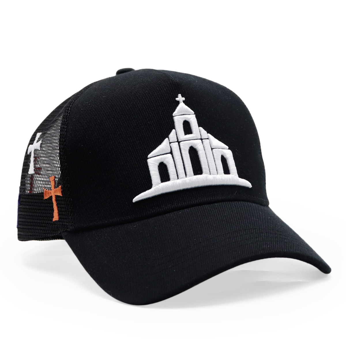 Black Church Embroidery Trucker Hat with Multicolor Crosses