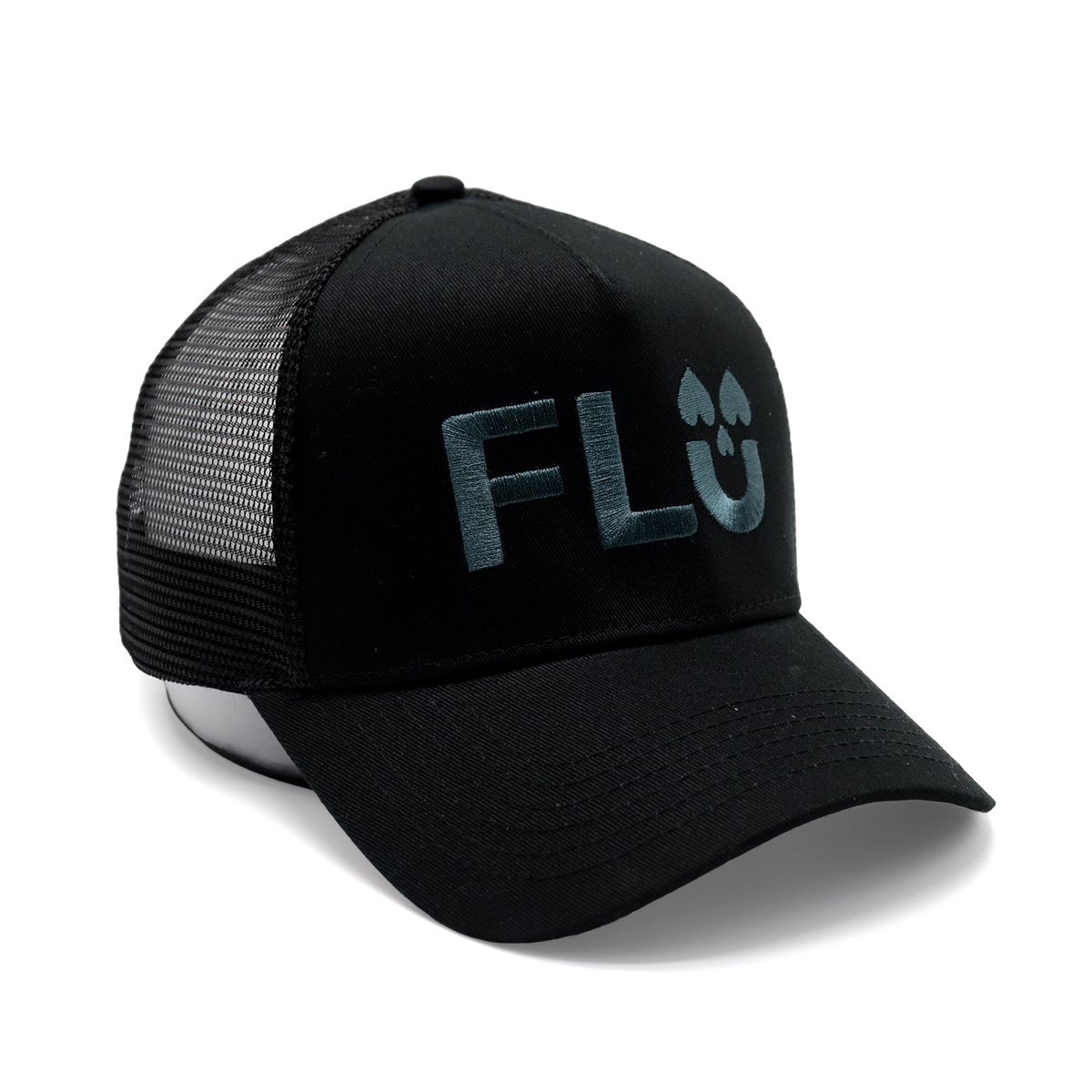 Black Cotton Twill Trucker Cap with 3D Embroidered FLU Logo | Mesh Snapback Hat