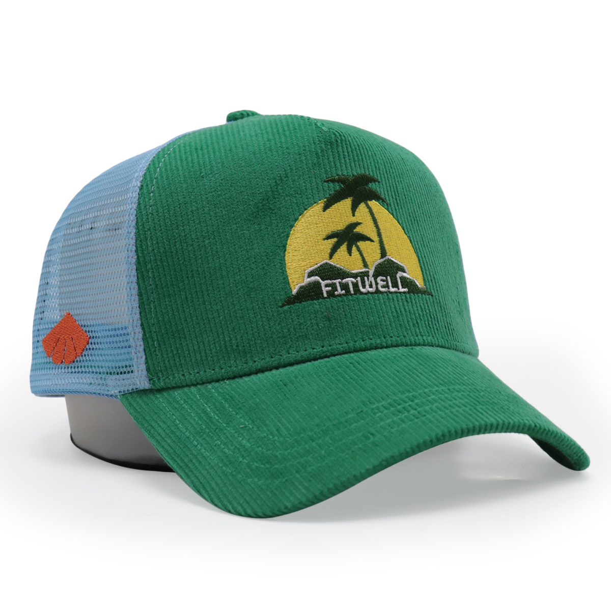 FITWELL Corduroy Mesh Trucker Cap – Embroidered Palm Sunset Logo, Adjustable Retro Hat (Pink, Blue, Green)
