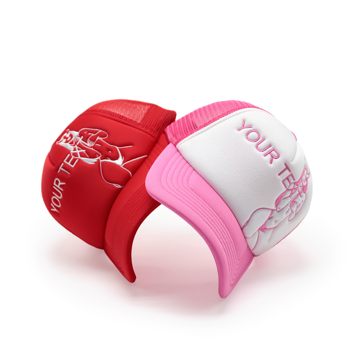 Custom Text Mesh Trucker Hat – Red or Pink/White Embroidered Personalized Baseball Cap