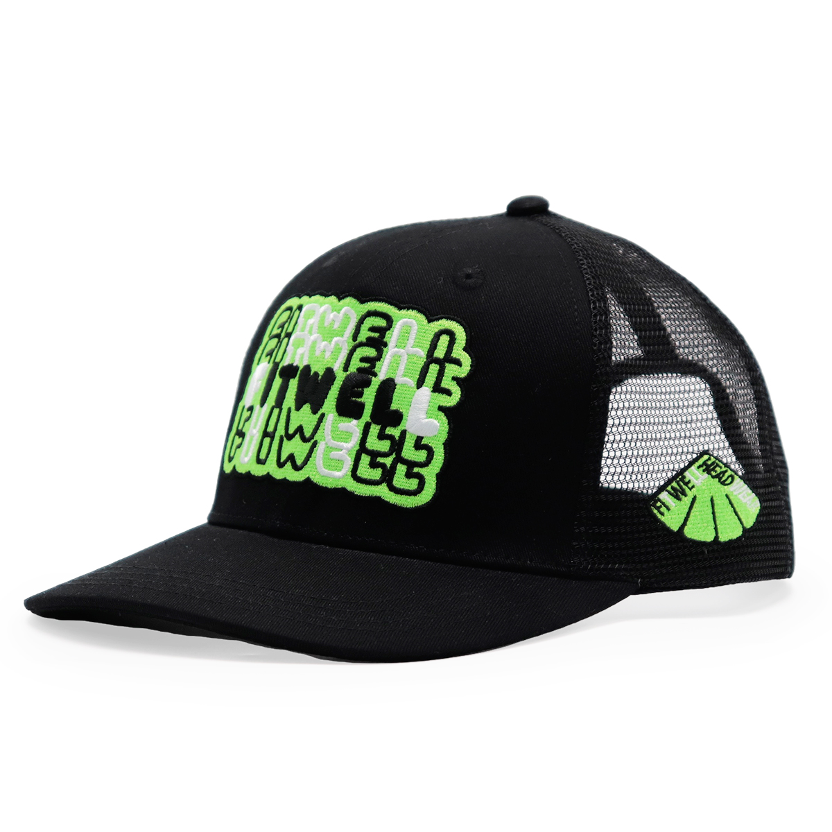 FITWELL Graphic Mesh Trucker Cap – Colorful Adjustable Baseball Hat with Neon 3D Logo (Blue, Green, Black, Gray)