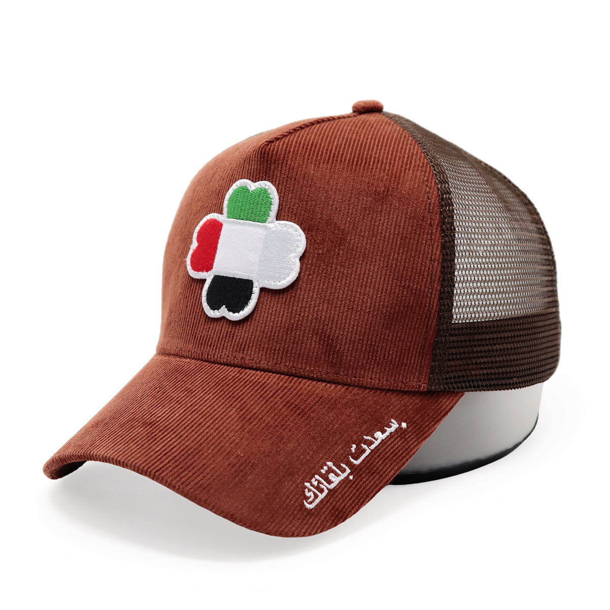 UAE Flag Clover Embroidered Corduroy Mesh Trucker Cap – Four-Leaf Lucky Baseball Hat