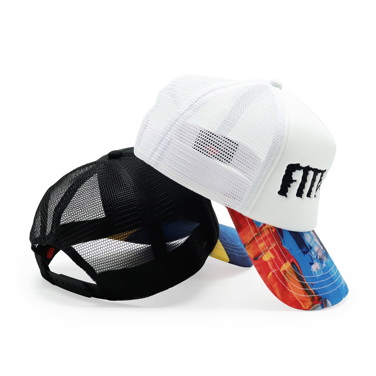 Fitwell Embroidered Logo Trucker Cap, Colorful Printed Brim Foam Mesh Hat, Trendy Snapback