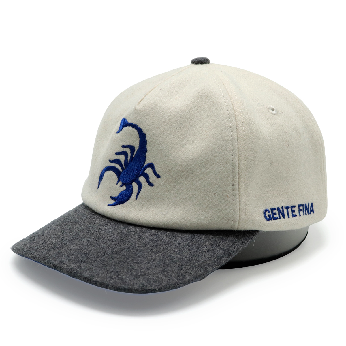 Two-Tone Scorpion Embroidered Wool Baseball Cap – Cream & Charcoal Gray