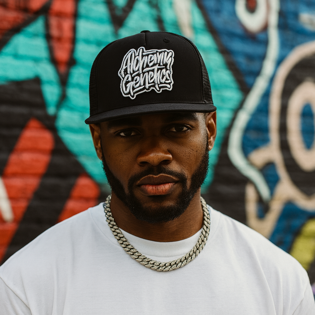 Alchemy Genetics 3D Embroidered Flat Brim Trucker Hat – Unisex Mesh Snapback Cap